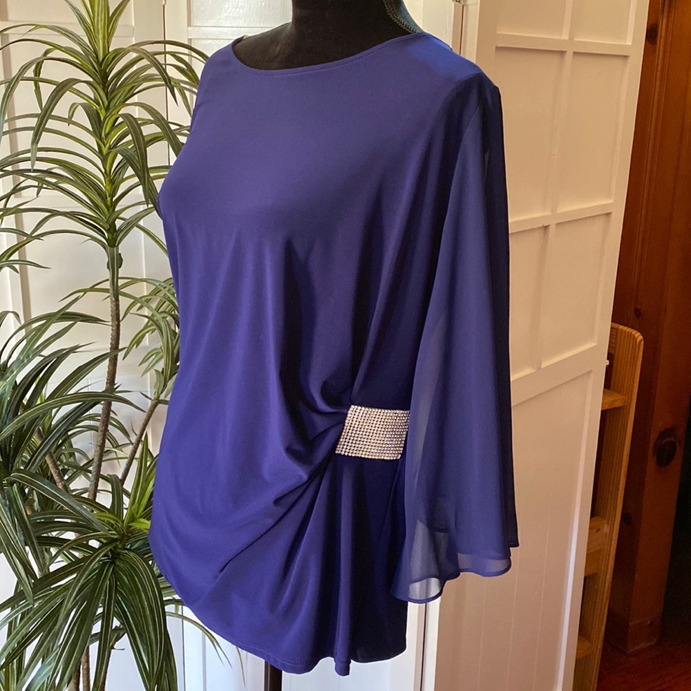 Huge rhinestone accent embellished dressy blouse ruched top flutter sleeve